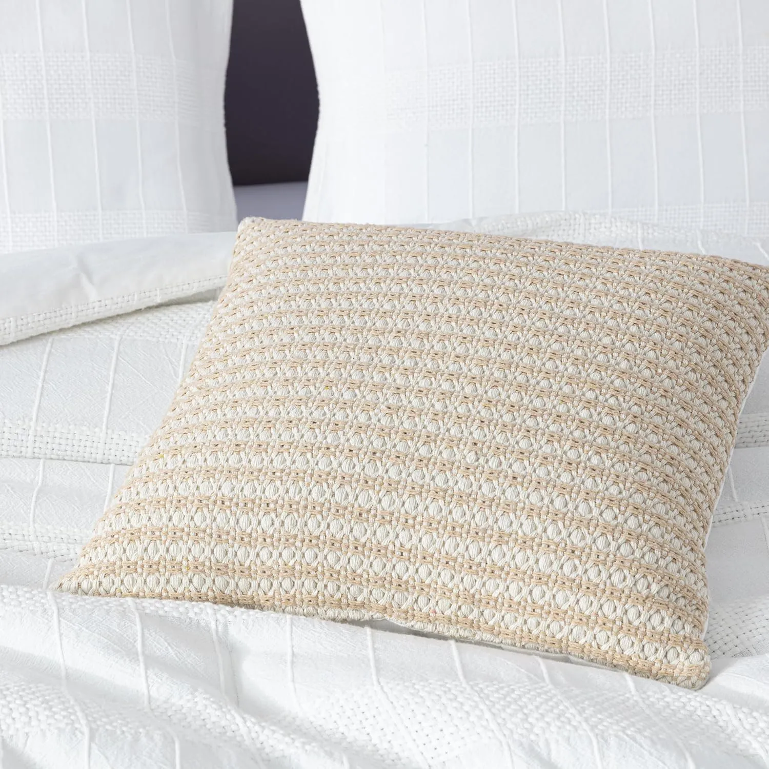 Chezmoi Collection 4-Piece Clip Jacquard Cotton Comforter Set King, Boho Chic Textured Tufted Basketweave Striped Bedding with Textured Woven Pillow Cushion, White