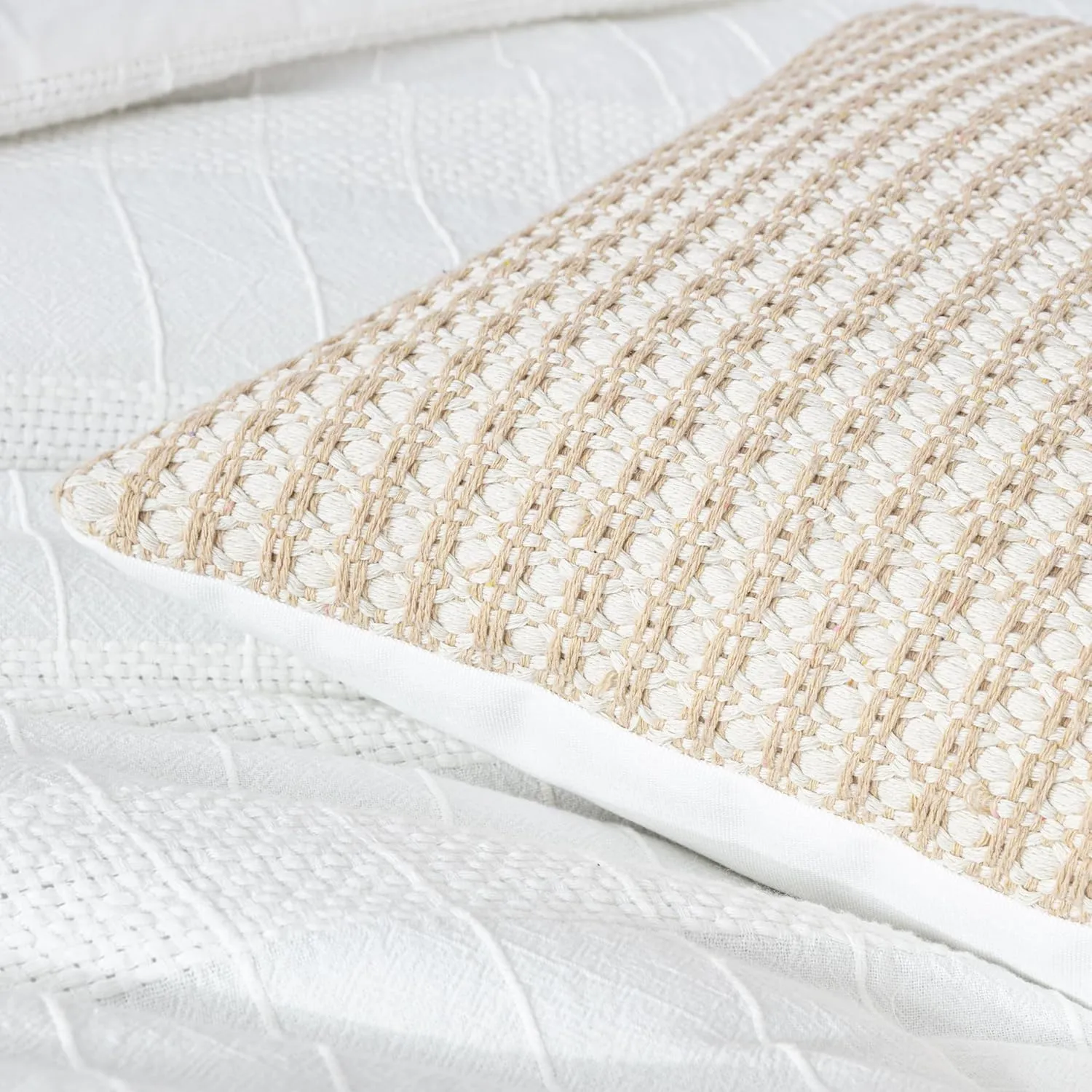 Chezmoi Collection 4-Piece Clip Jacquard Cotton Comforter Set King, Boho Chic Textured Tufted Basketweave Striped Bedding with Textured Woven Pillow Cushion, White