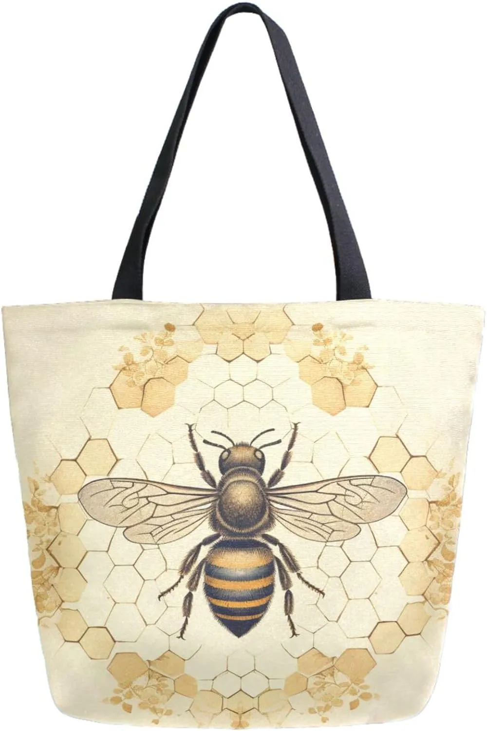 Chic Extra Large Shoulder Grocery Tote Bag, Beautiful Bee Silhouette Old Honeycomb Retro Canvas Daily Gym Weekender Beach Travel Kitchen Reusable Market Shopping Handle Bag