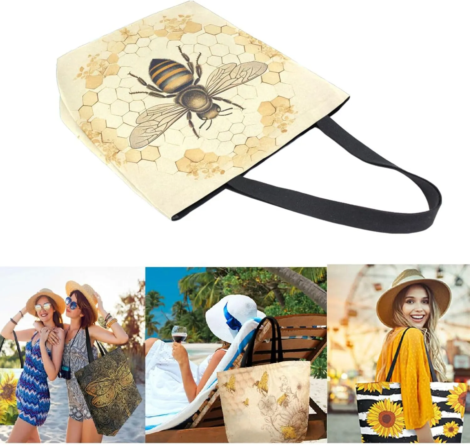 Chic Extra Large Shoulder Grocery Tote Bag, Beautiful Bee Silhouette Old Honeycomb Retro Canvas Daily Gym Weekender Beach Travel Kitchen Reusable Market Shopping Handle Bag
