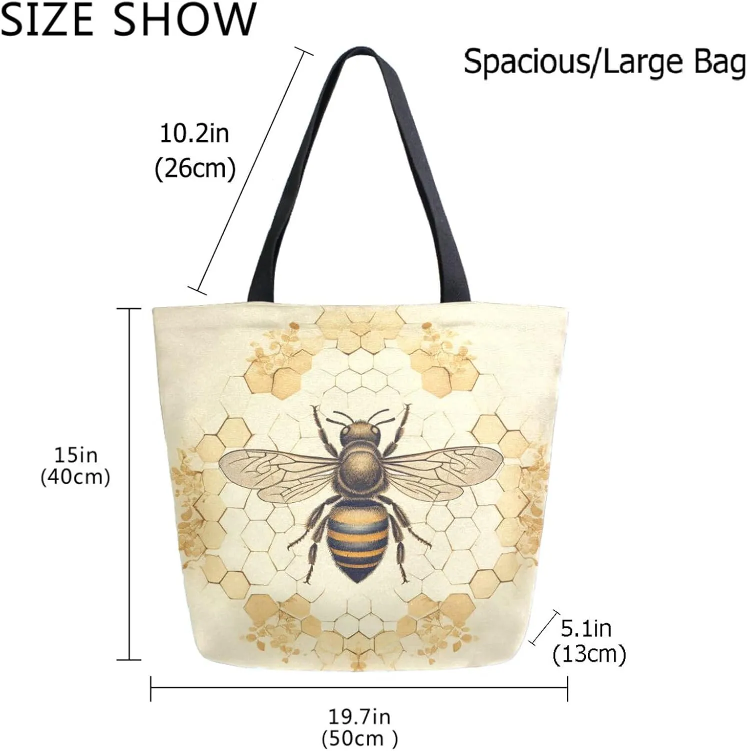 Chic Extra Large Shoulder Grocery Tote Bag, Beautiful Bee Silhouette Old Honeycomb Retro Canvas Daily Gym Weekender Beach Travel Kitchen Reusable Market Shopping Handle Bag