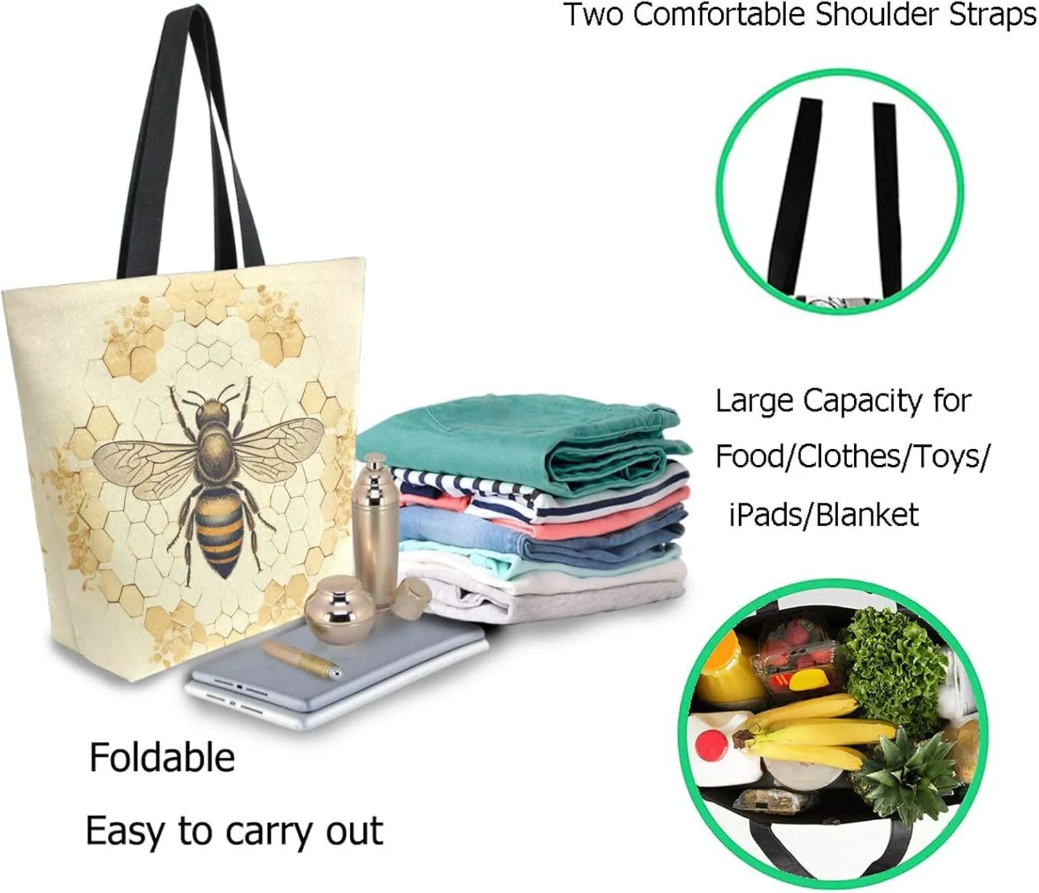 Chic Extra Large Shoulder Grocery Tote Bag, Beautiful Bee Silhouette Old Honeycomb Retro Canvas Daily Gym Weekender Beach Travel Kitchen Reusable Market Shopping Handle Bag