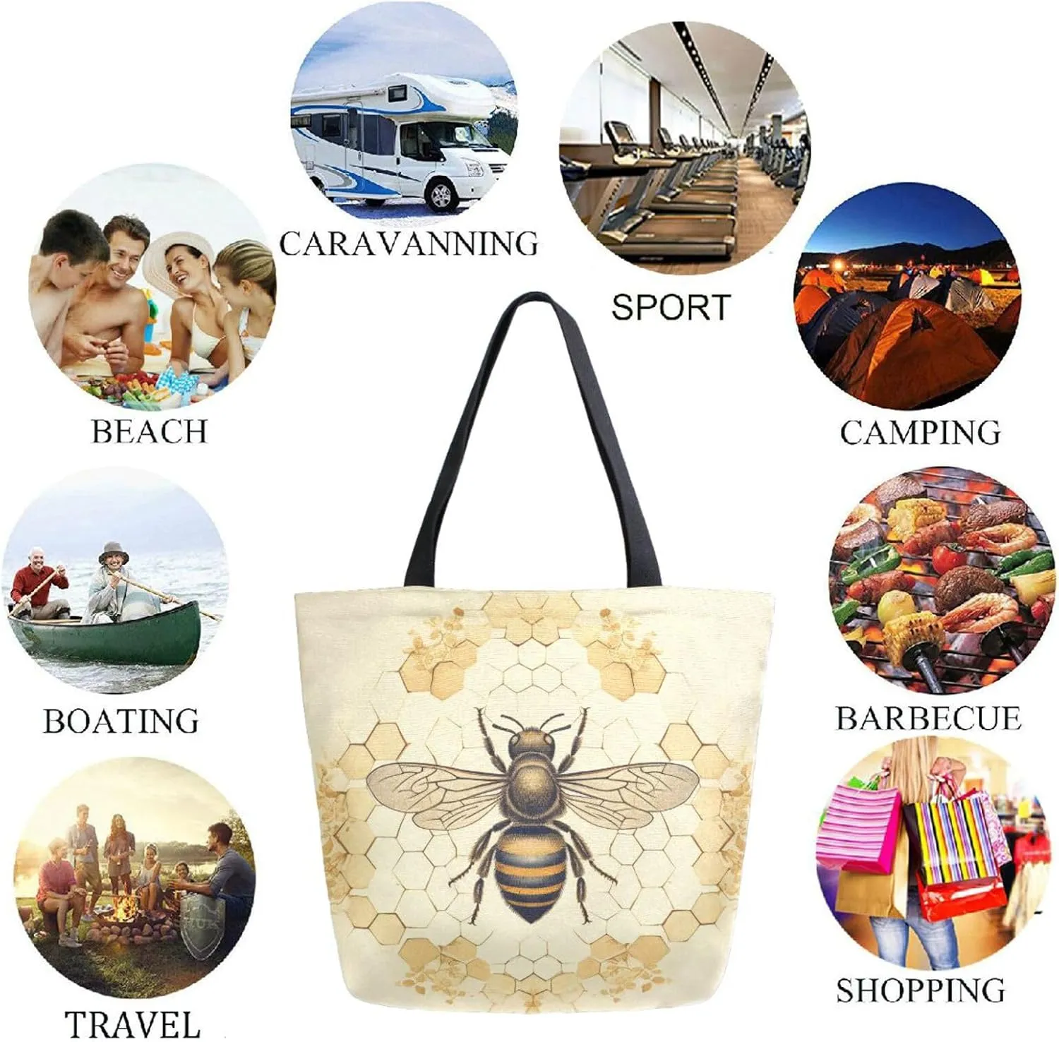 Chic Extra Large Shoulder Grocery Tote Bag, Beautiful Bee Silhouette Old Honeycomb Retro Canvas Daily Gym Weekender Beach Travel Kitchen Reusable Market Shopping Handle Bag