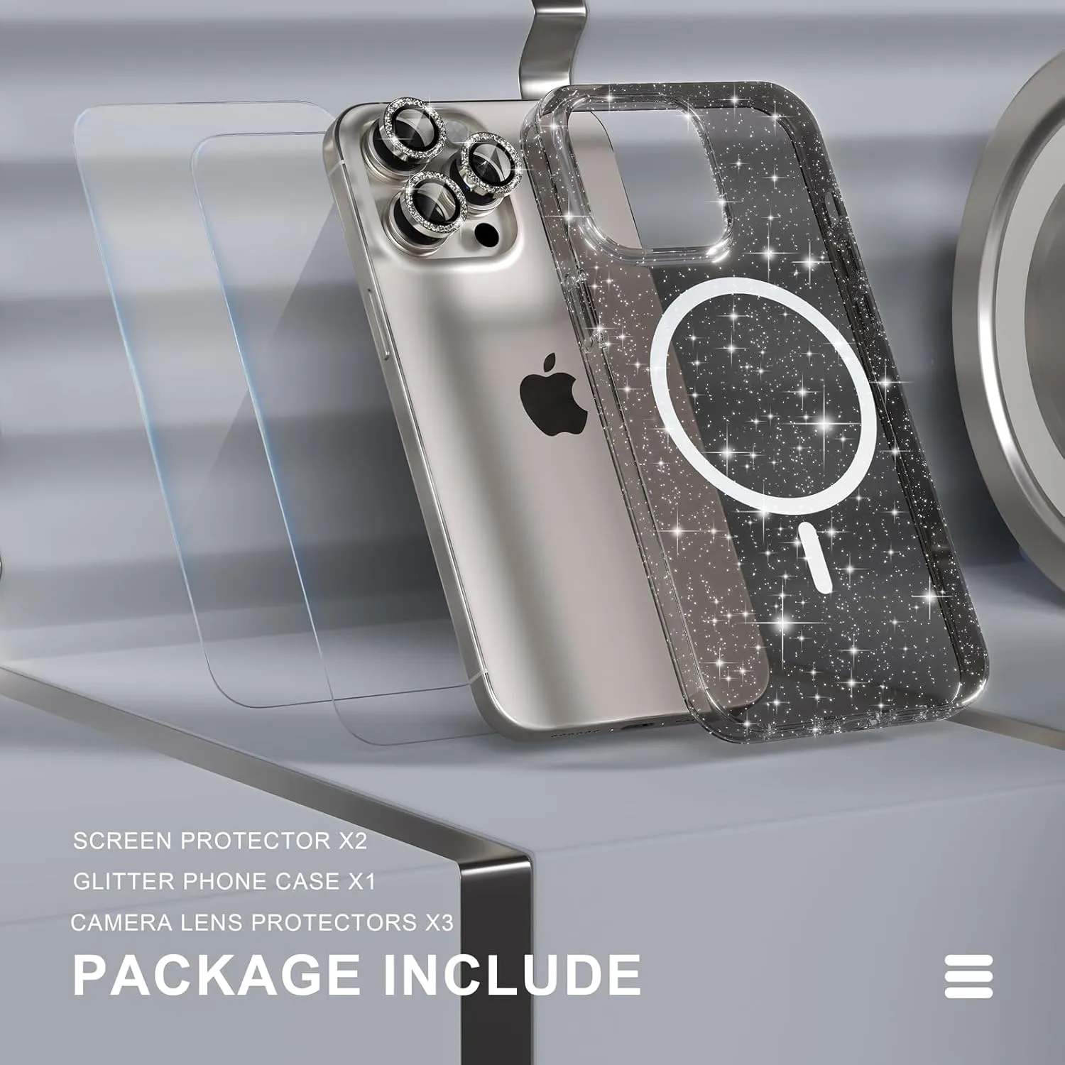 Choiche for iPhone 15 Pro Case Magnetic, Women Clear Glitter Bling Sparkly Case, [3xDiamond Camera Lens Protectors] [2xTempered Glass Screen Protectors] [Compatible MagSafe] (Glitter Gray)