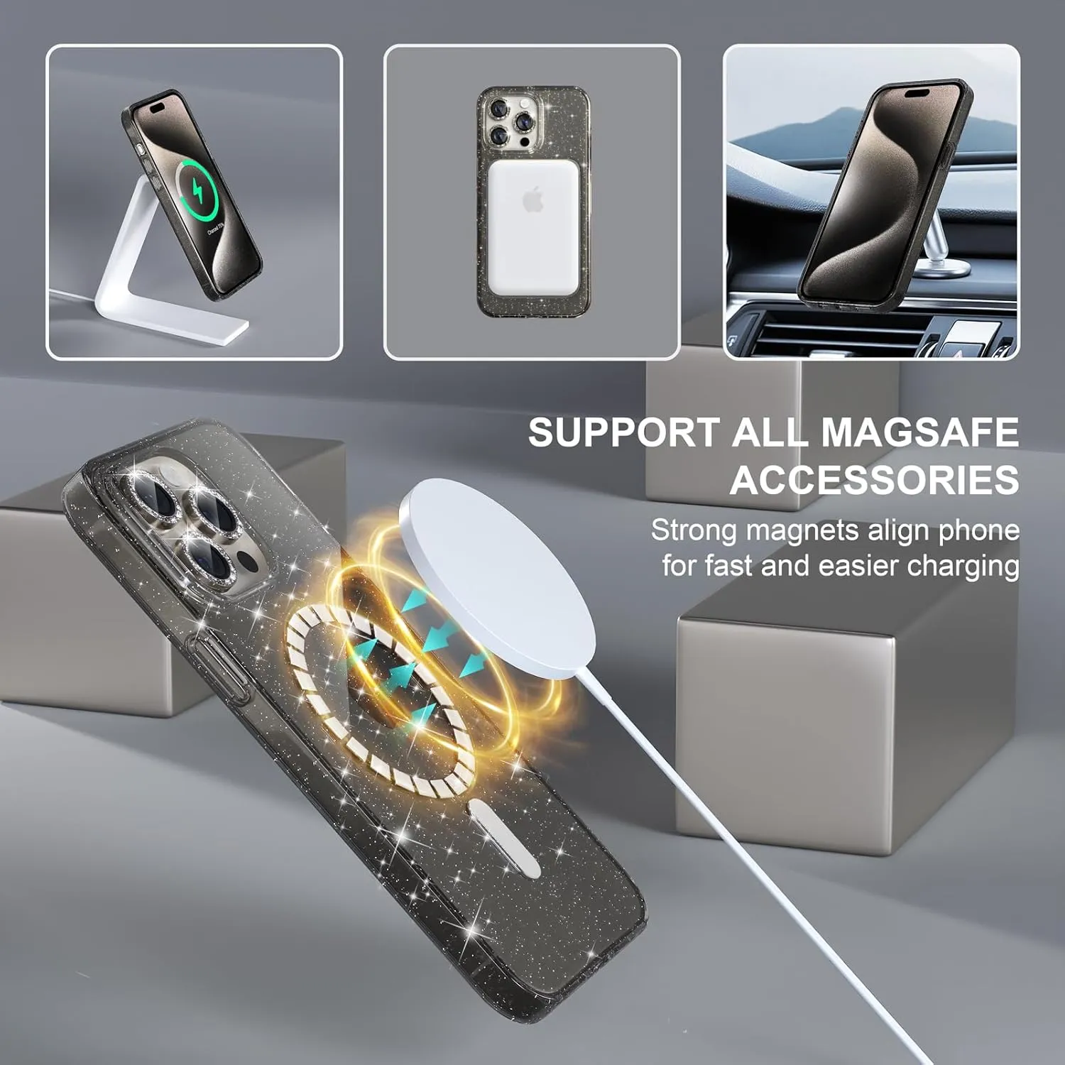 Choiche for iPhone 15 Pro Case Magnetic, Women Clear Glitter Bling Sparkly Case, [3xDiamond Camera Lens Protectors] [2xTempered Glass Screen Protectors] [Compatible MagSafe] (Glitter Gray)