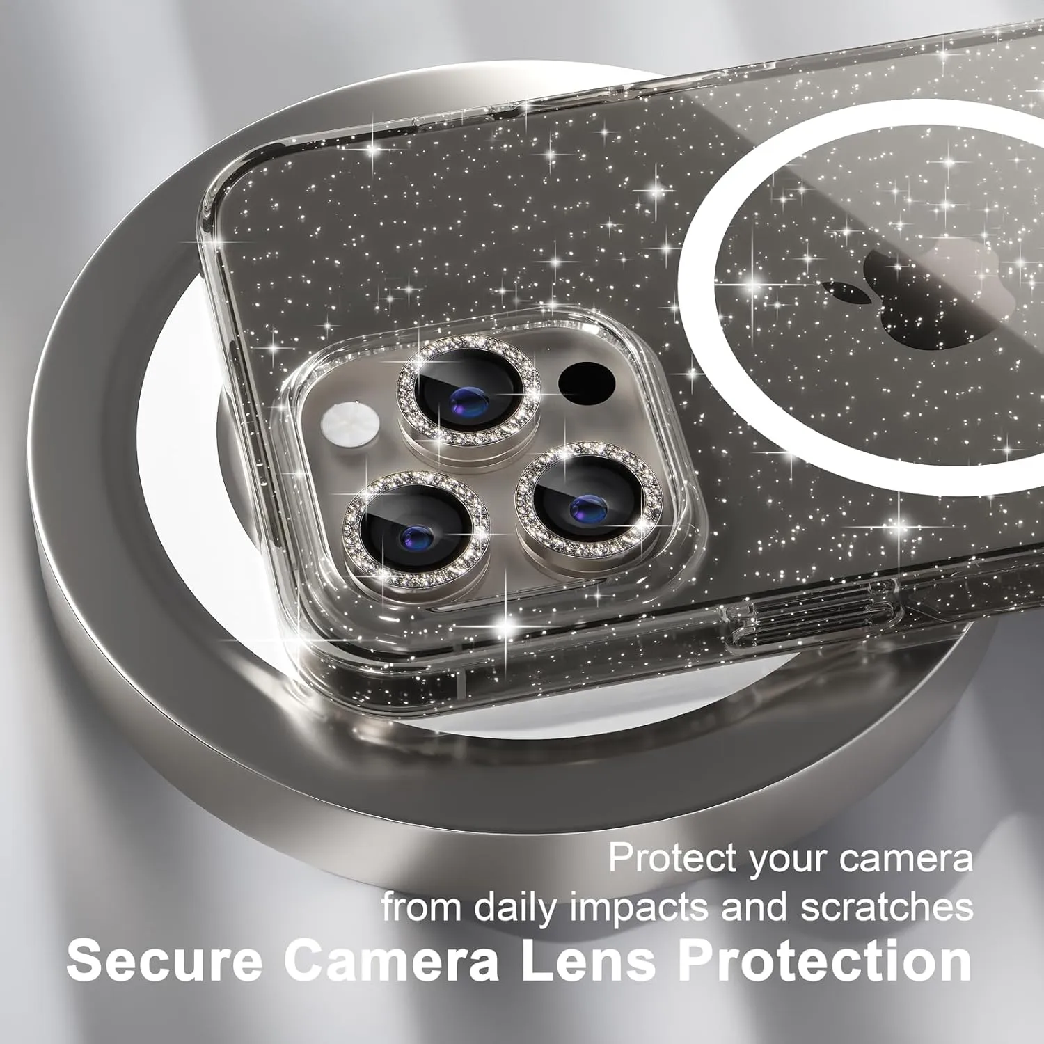 Choiche for iPhone 15 Pro Case Magnetic, Women Clear Glitter Bling Sparkly Case, [3xDiamond Camera Lens Protectors] [2xTempered Glass Screen Protectors] [Compatible MagSafe] (Glitter Gray)