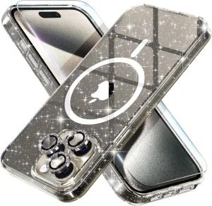 Choiche for iPhone 15 Pro Case Magnetic, Women Clear Glitter Bling Sparkly Case, [3xDiamond Camera Lens Protectors] [2xTempered Glass Screen Protectors] [Compatible MagSafe] (Glitter Gray)