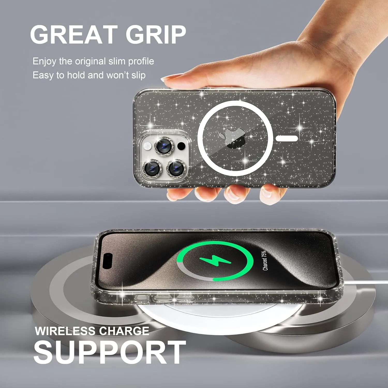 Choiche for iPhone 15 Pro Case Magnetic, Women Clear Glitter Bling Sparkly Case, [3xDiamond Camera Lens Protectors] [2xTempered Glass Screen Protectors] [Compatible MagSafe] (Glitter Gray)