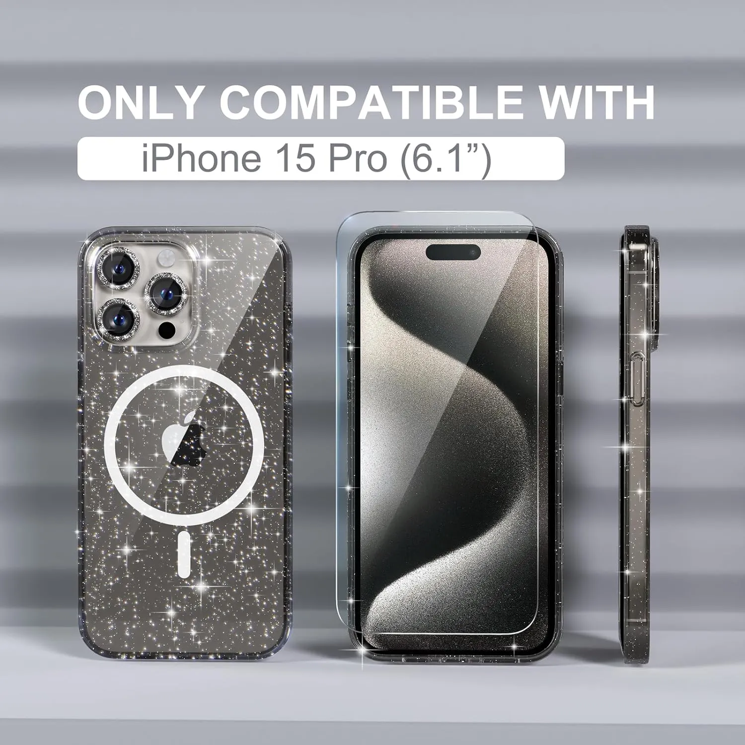 Choiche for iPhone 15 Pro Case Magnetic, Women Clear Glitter Bling Sparkly Case, [3xDiamond Camera Lens Protectors] [2xTempered Glass Screen Protectors] [Compatible MagSafe] (Glitter Gray)