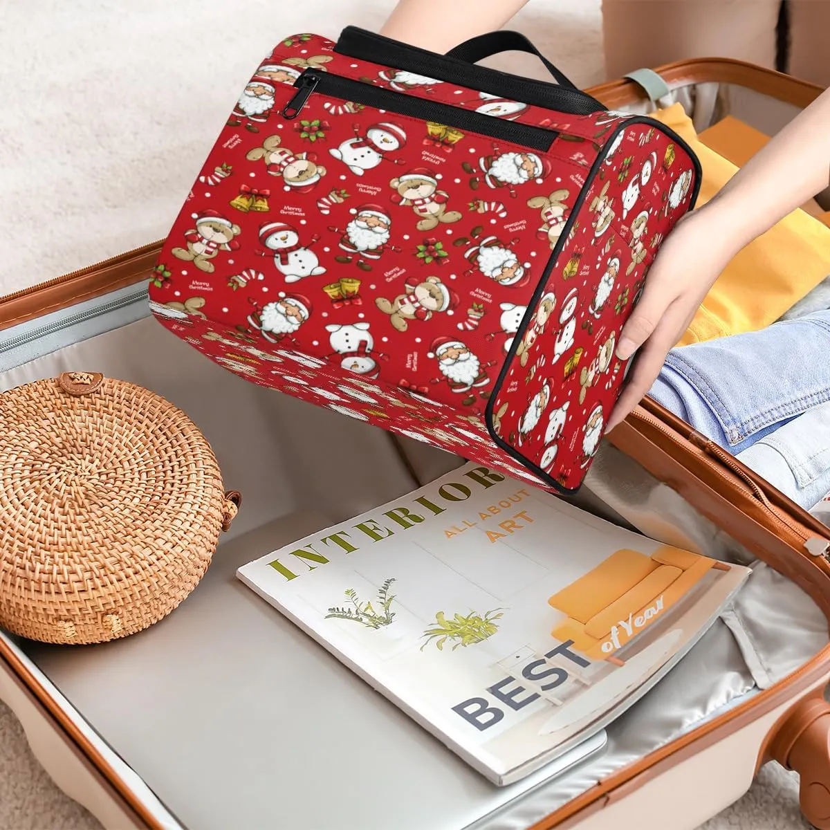 Christmas Xmas Decor Travel Makeup Bag for Women Men Santa Claus Snowman Portable Waterproof Cosmetic Bag Toiletry Bag Make up Case Organizer Bathroom Shower Bag with Handle Travel Accessories