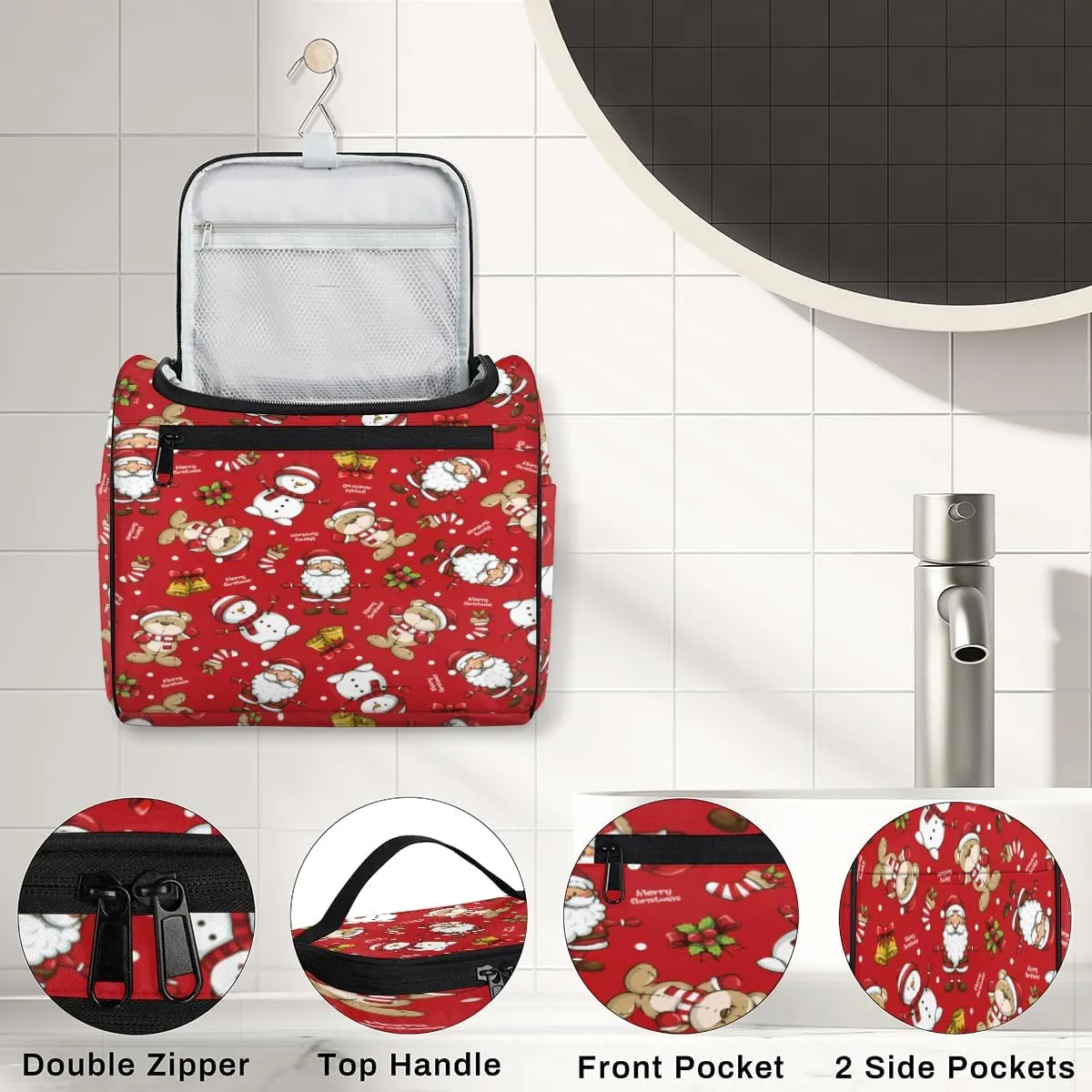 Christmas Xmas Decor Travel Makeup Bag for Women Men Santa Claus Snowman Portable Waterproof Cosmetic Bag Toiletry Bag Make up Case Organizer Bathroom Shower Bag with Handle Travel Accessories
