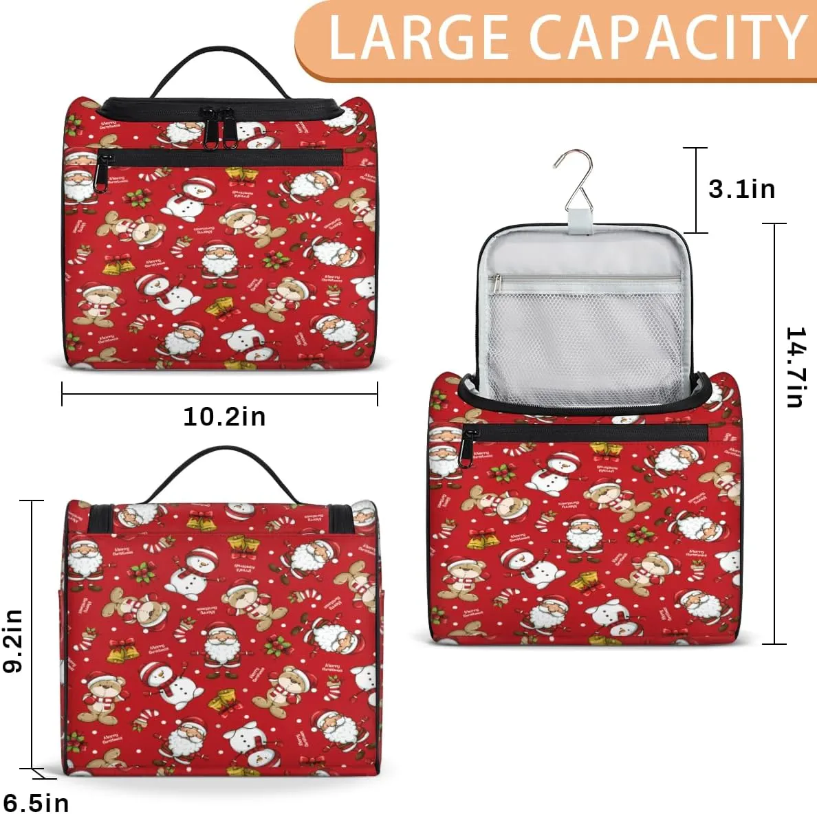 Christmas Xmas Decor Travel Makeup Bag for Women Men Santa Claus Snowman Portable Waterproof Cosmetic Bag Toiletry Bag Make up Case Organizer Bathroom Shower Bag with Handle Travel Accessories