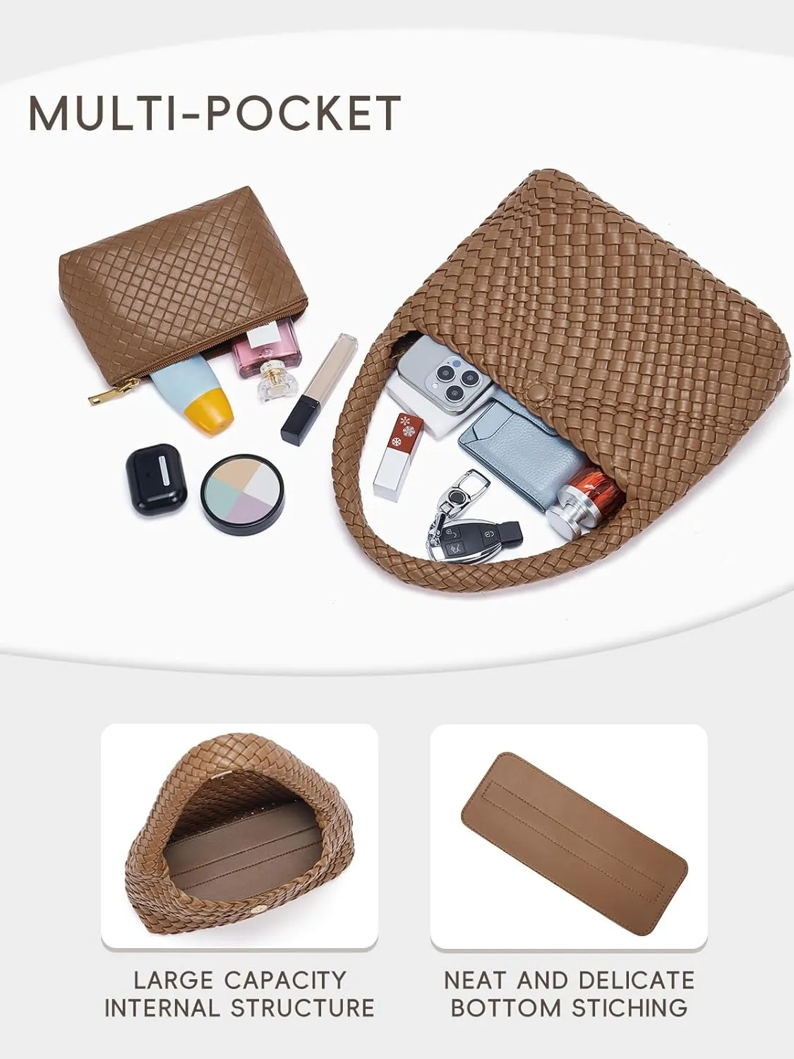 CLUCI Woven Shoulder Bag for Women，Vegan Leather Purse Tote Handbag 2PS