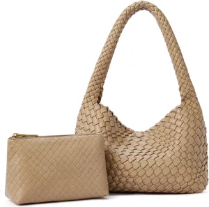 CLUCI Woven Shoulder Bag for Women，Vegan Leather Purse Tote Handbag 2PS