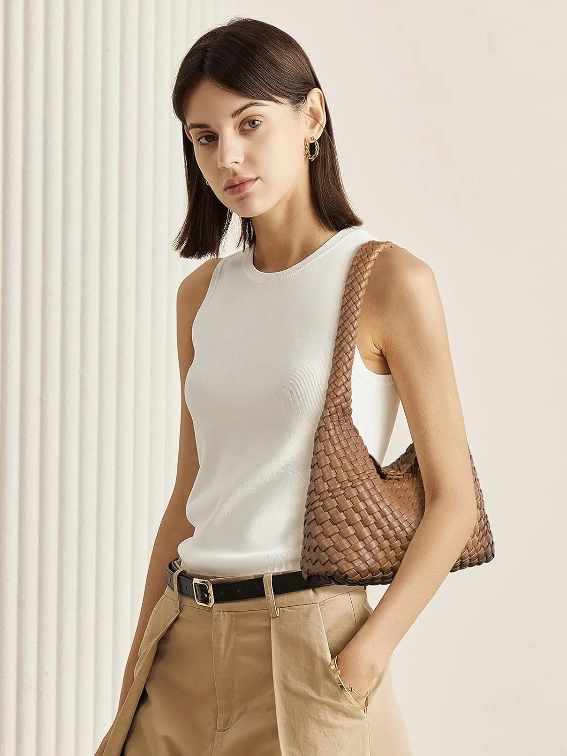 CLUCI Woven Shoulder Bag for Women，Vegan Leather Purse Tote Handbag 2PS