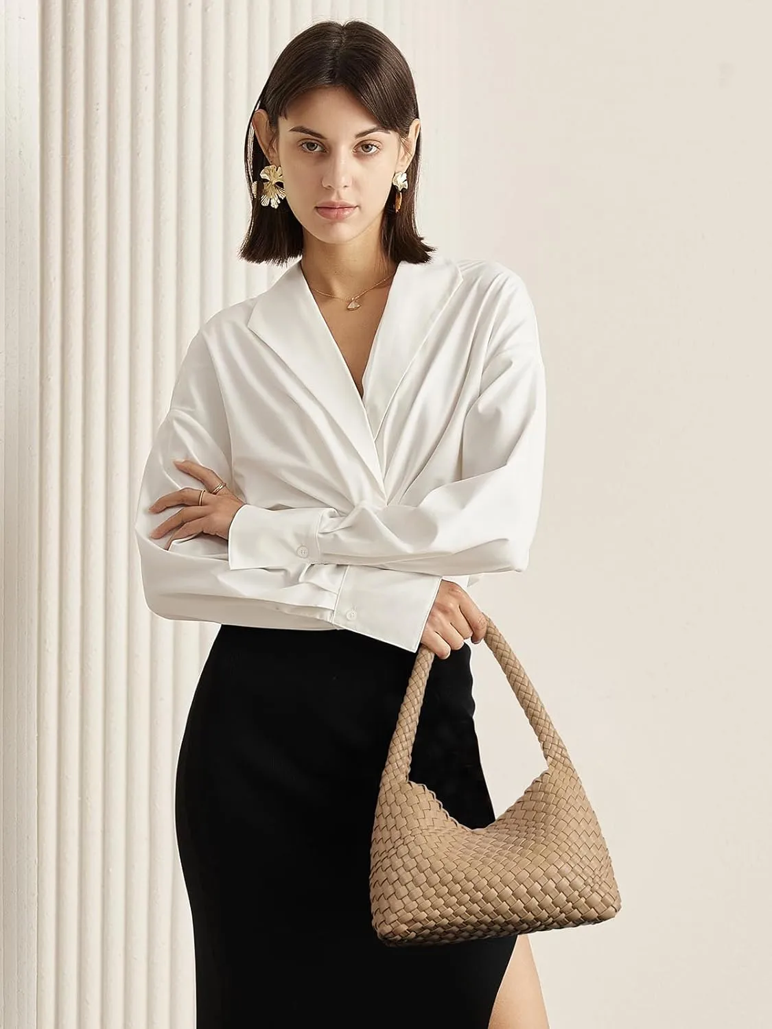 CLUCI Woven Shoulder Bag for Women，Vegan Leather Purse Tote Handbag 2PS