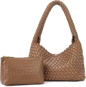 CLUCI Woven Shoulder Bag for Women，Vegan Leather Purse Tote Handbag 2PS