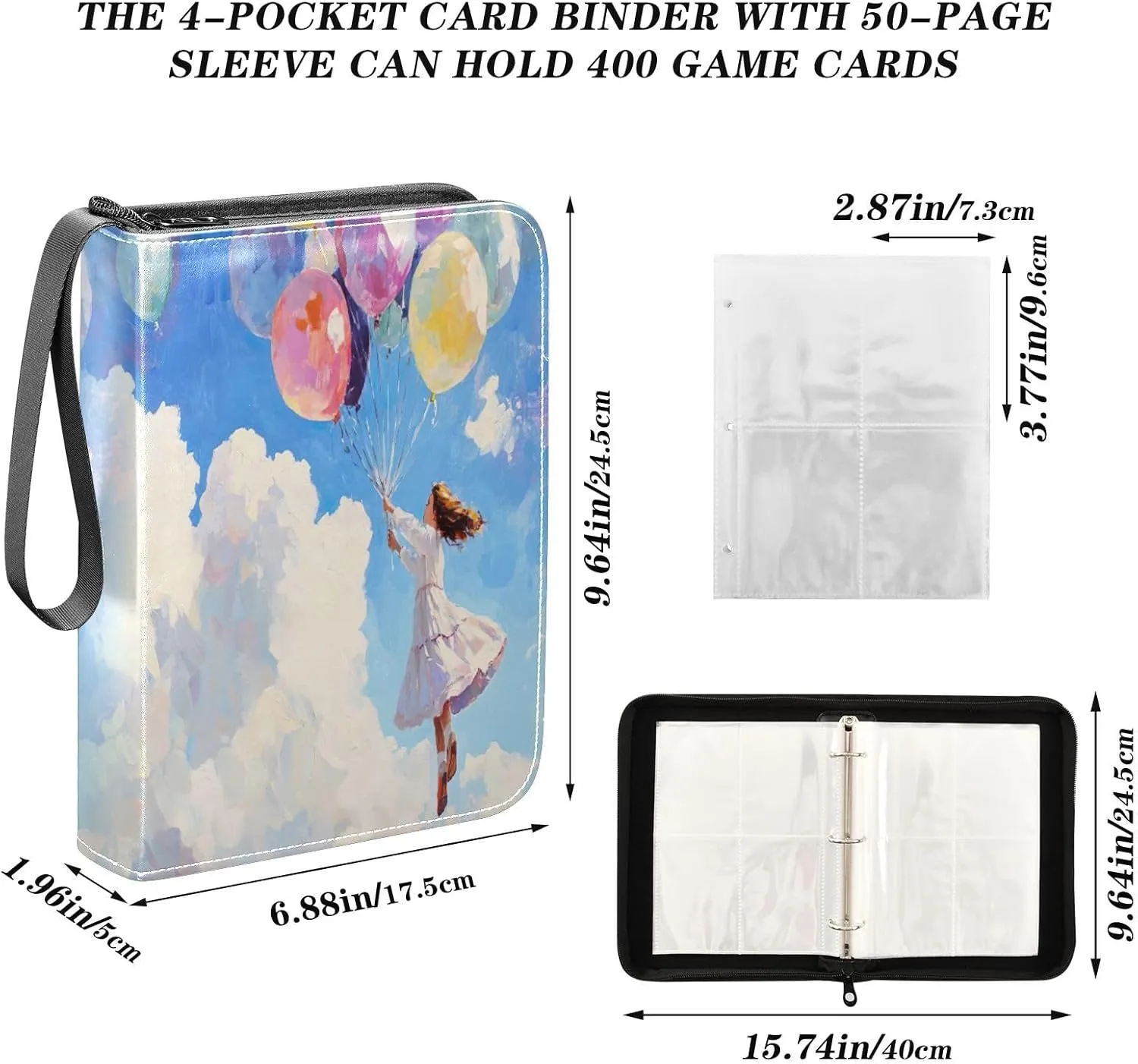 Colorful Balloons Card Holder for Binder 4-Pocket Card Holder Fits 400 Cards for Baseball Card, Football Card