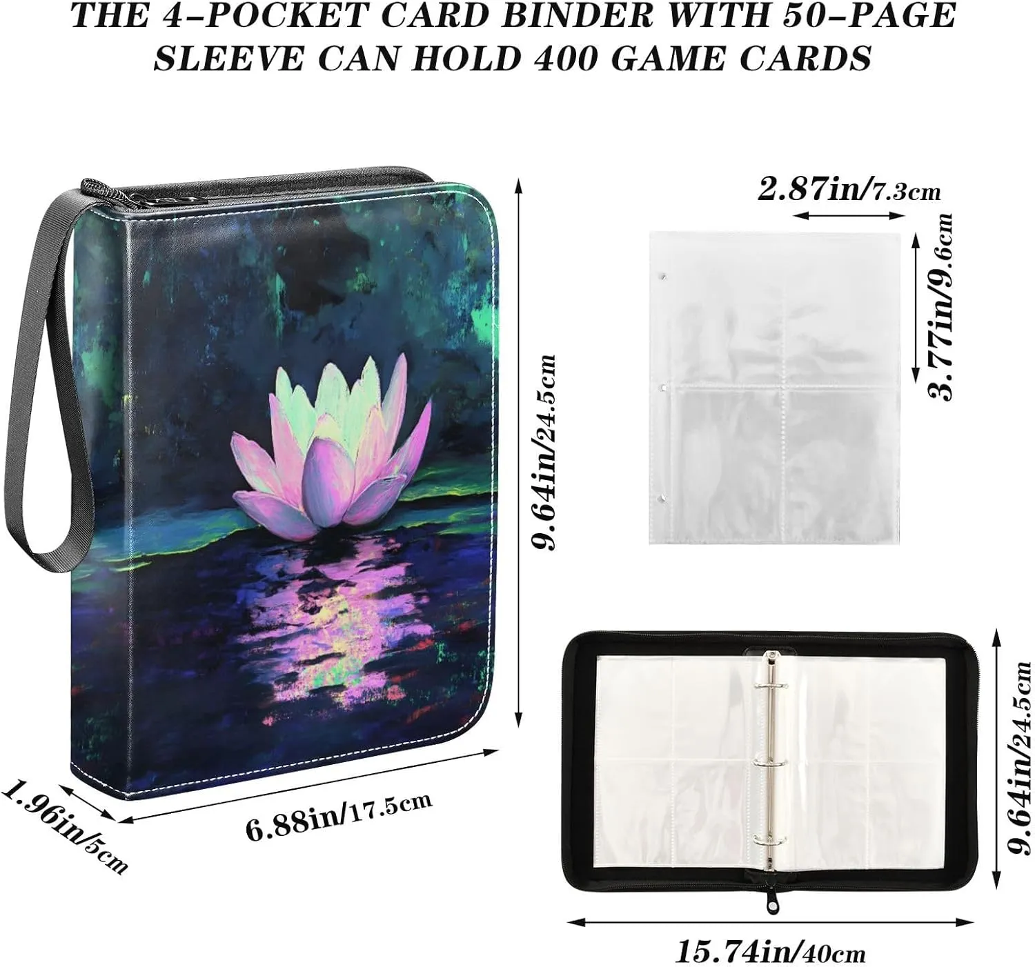 Colorful Lotus Trading Card Holder Binder 4 Pocket Photocard Holder Fits 400 Cards Zip Binder