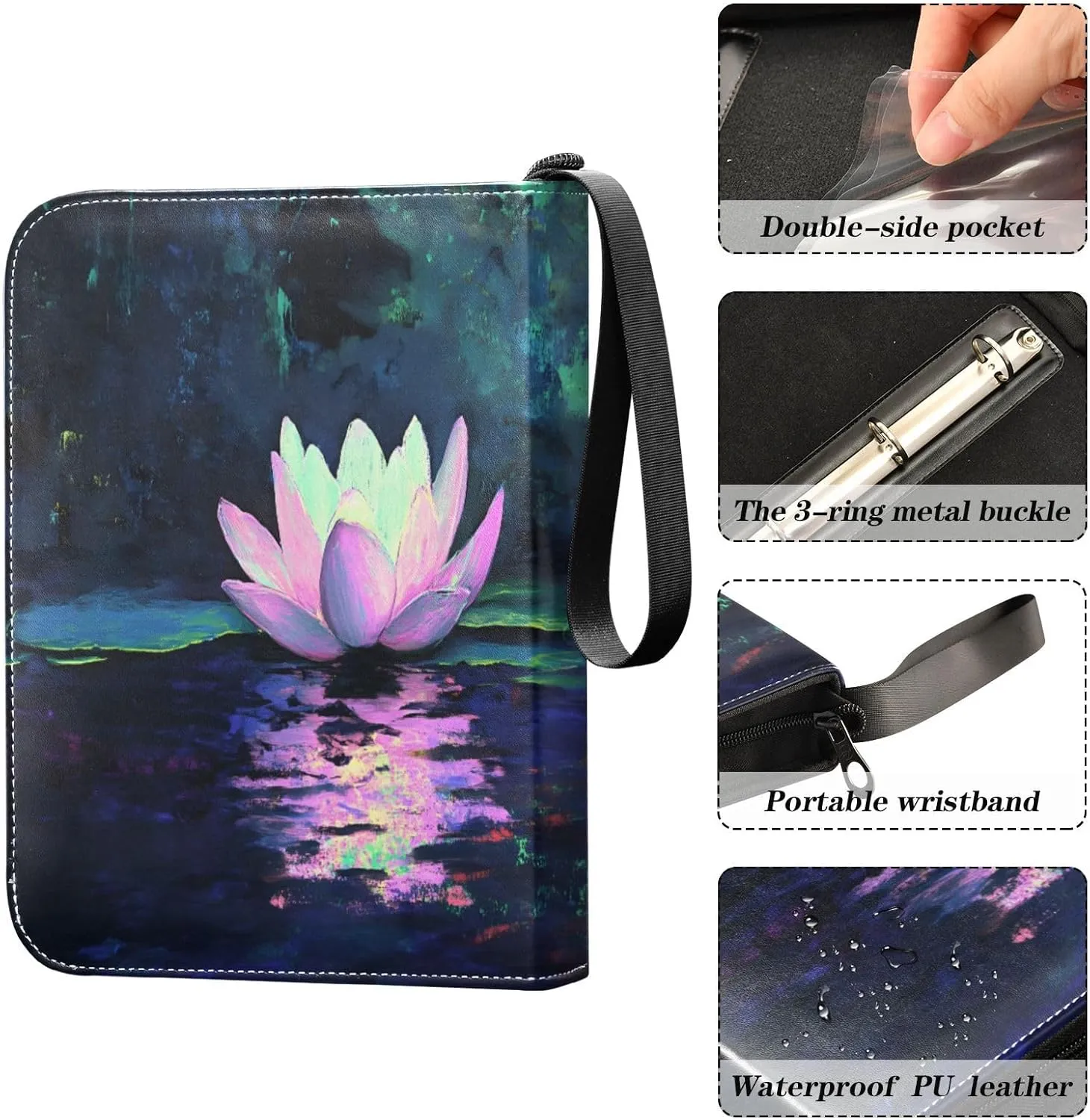 Colorful Lotus Trading Card Holder Binder 4 Pocket Photocard Holder Fits 400 Cards Zip Binder