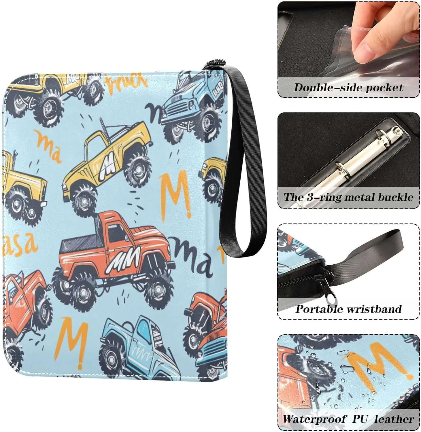Colorful Monster Trucks Small Trading Card Binder, Zip up 3 Ring Binder Fits 400 Cards Card Collectors Album