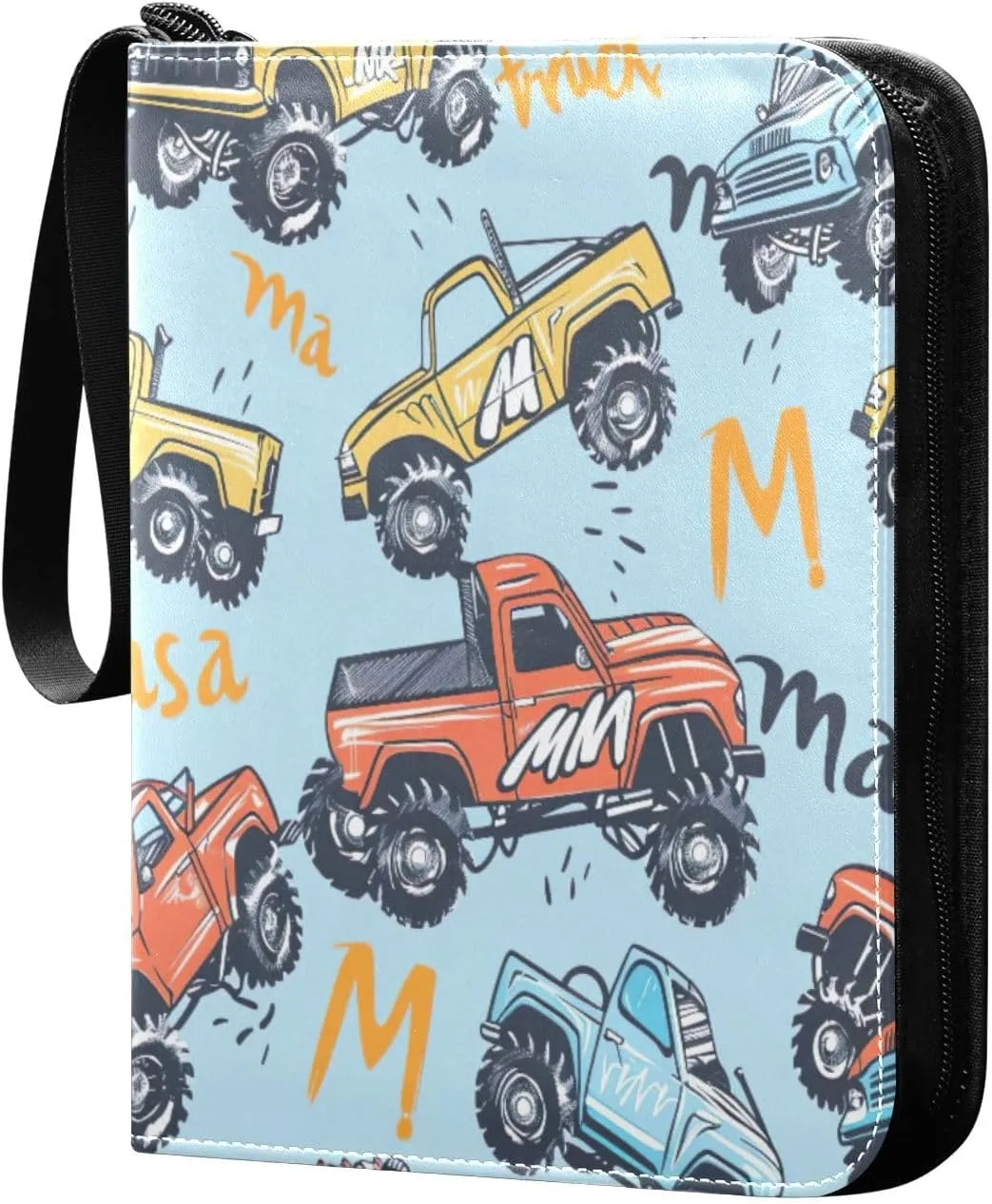 Colorful Monster Trucks Small Trading Card Binder, Zip up 3 Ring Binder Fits 400 Cards Card Collectors Album