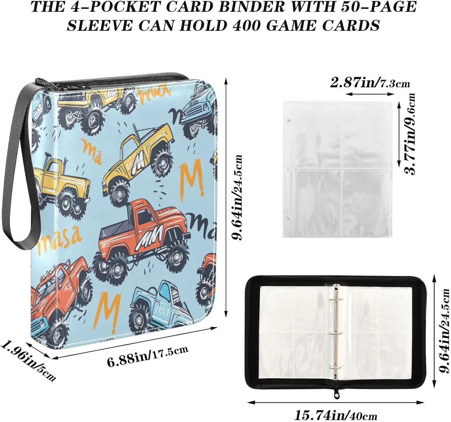 Colorful Monster Trucks Small Trading Card Binder, Zip up 3 Ring Binder Fits 400 Cards Card Collectors Album