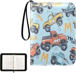 Colorful Monster Trucks Small Trading Card Binder, Zip up 3 Ring Binder Fits 400 Cards Card Collectors Album