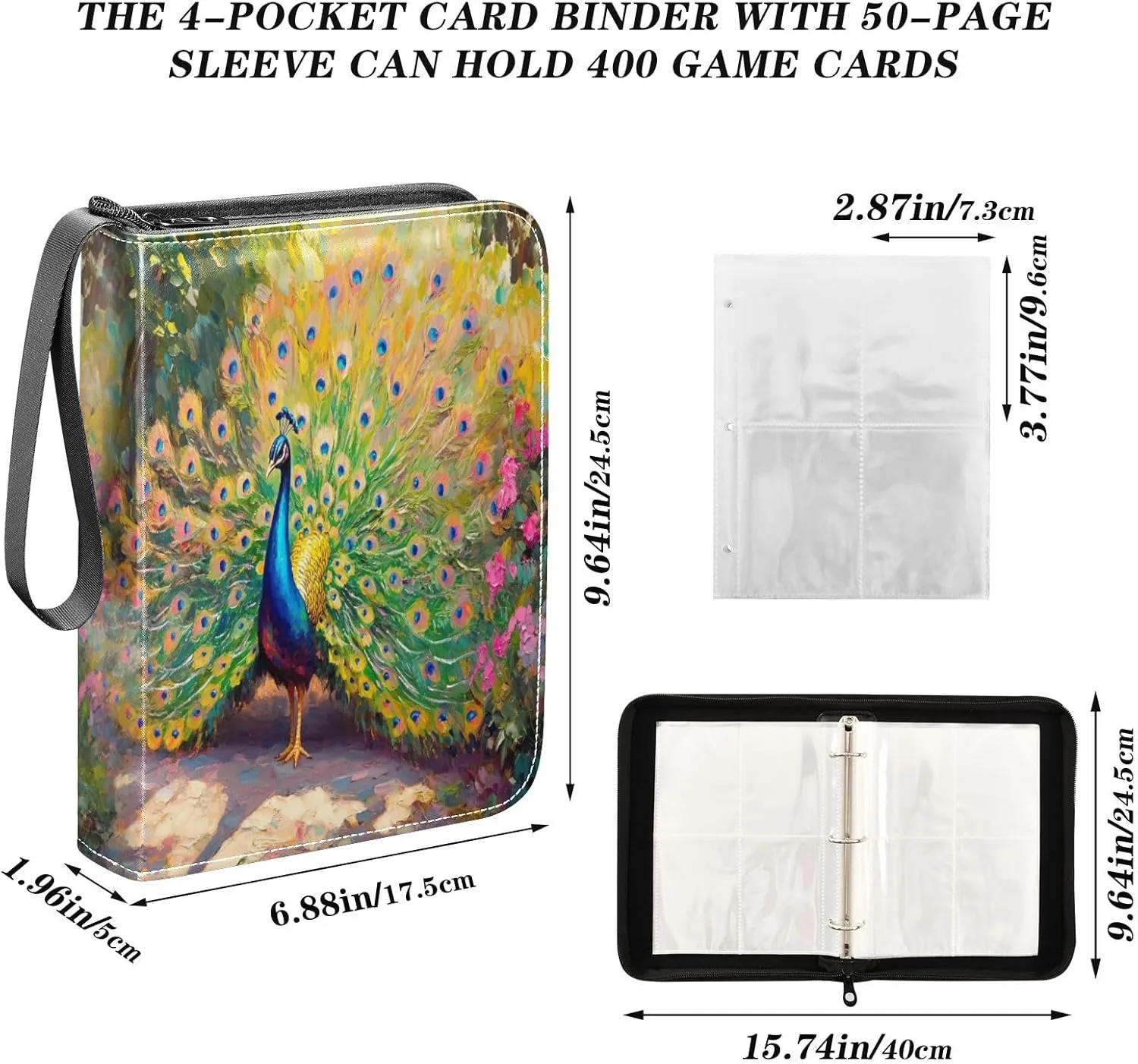 Colorful Peacock Feathers Card Binder Small, 3ring Binder Cards 400 Cards Capacity for Baseball Card, Football Card