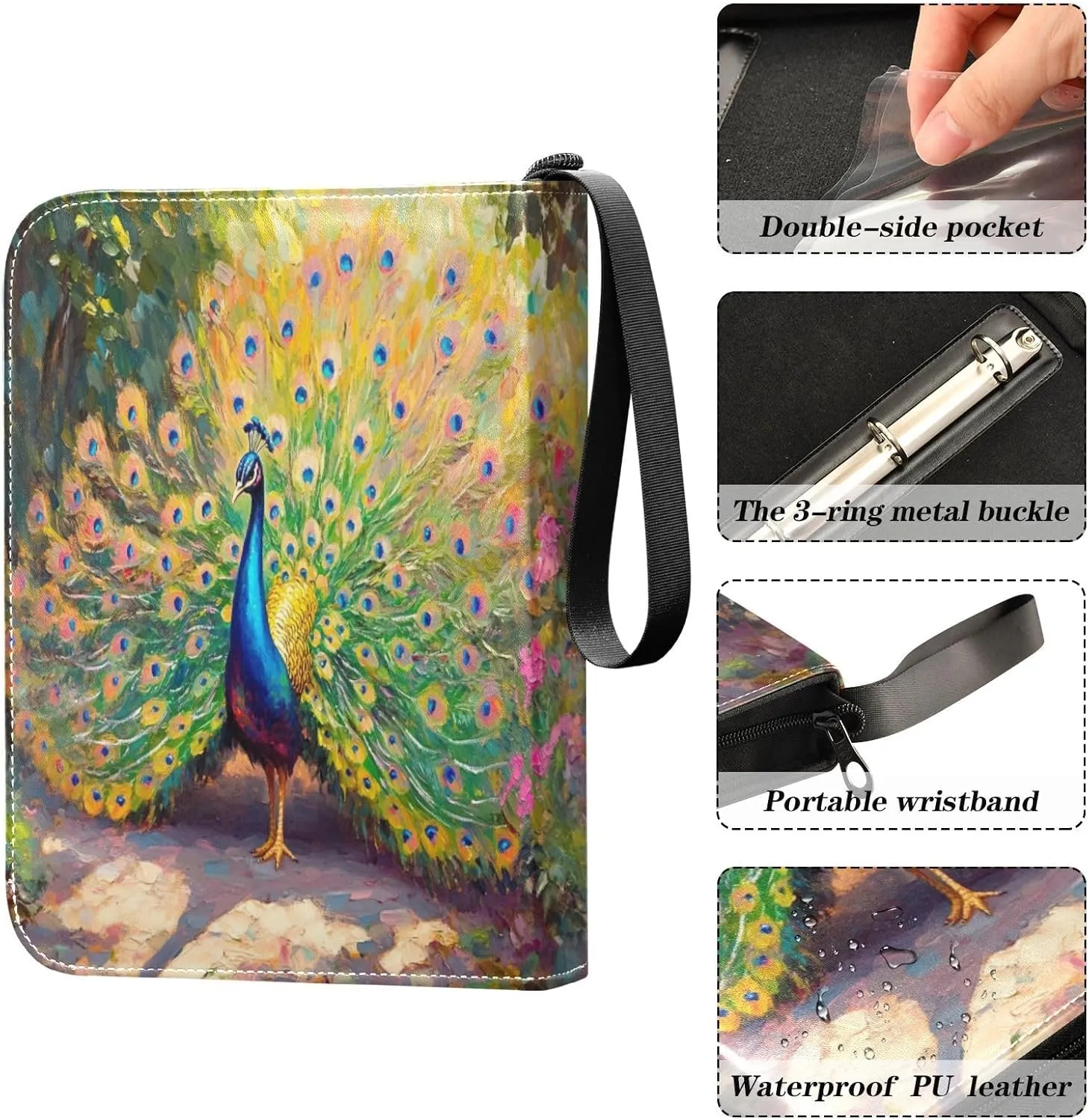 Colorful Peacock Feathers Card Binder Small, 3ring Binder Cards 400 Cards Capacity for Baseball Card, Football Card
