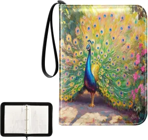 Colorful Peacock Feathers Card Binder Small, 3ring Binder Cards 400 Cards Capacity for Baseball Card, Football Card
