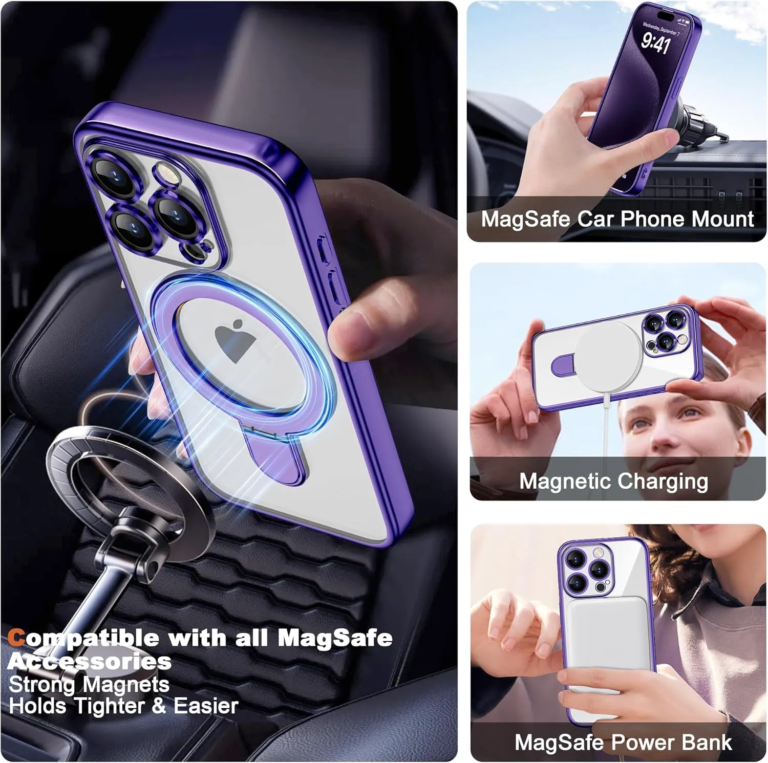 Compatible with iPhone 15 Pro Max Case with Invisible Magnetic Ring Stand [Compatible with Mag-Safe] [Full Camera Lens Protector] Plating Clear Phone Case for iPhone 15 Pro Max 6.7", Purple