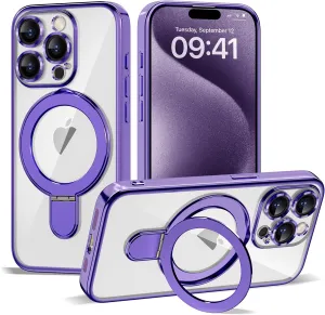 Compatible with iPhone 15 Pro Max Case with Invisible Magnetic Ring Stand [Compatible with Mag-Safe] [Full Camera Lens Protector] Plating Clear Phone Case for iPhone 15 Pro Max 6.7", Purple