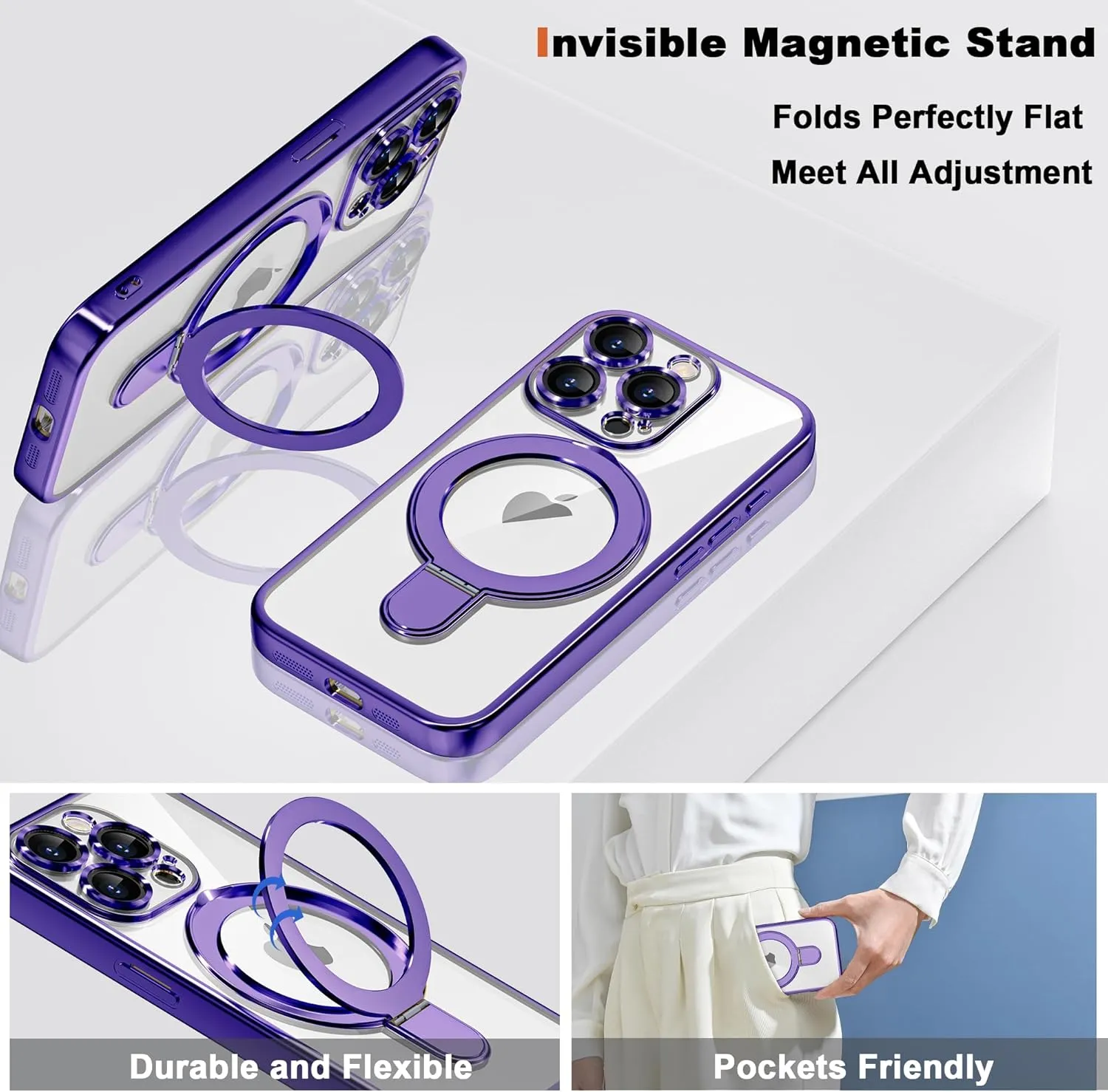 Compatible with iPhone 15 Pro Max Case with Invisible Magnetic Ring Stand [Compatible with Mag-Safe] [Full Camera Lens Protector] Plating Clear Phone Case for iPhone 15 Pro Max 6.7", Purple