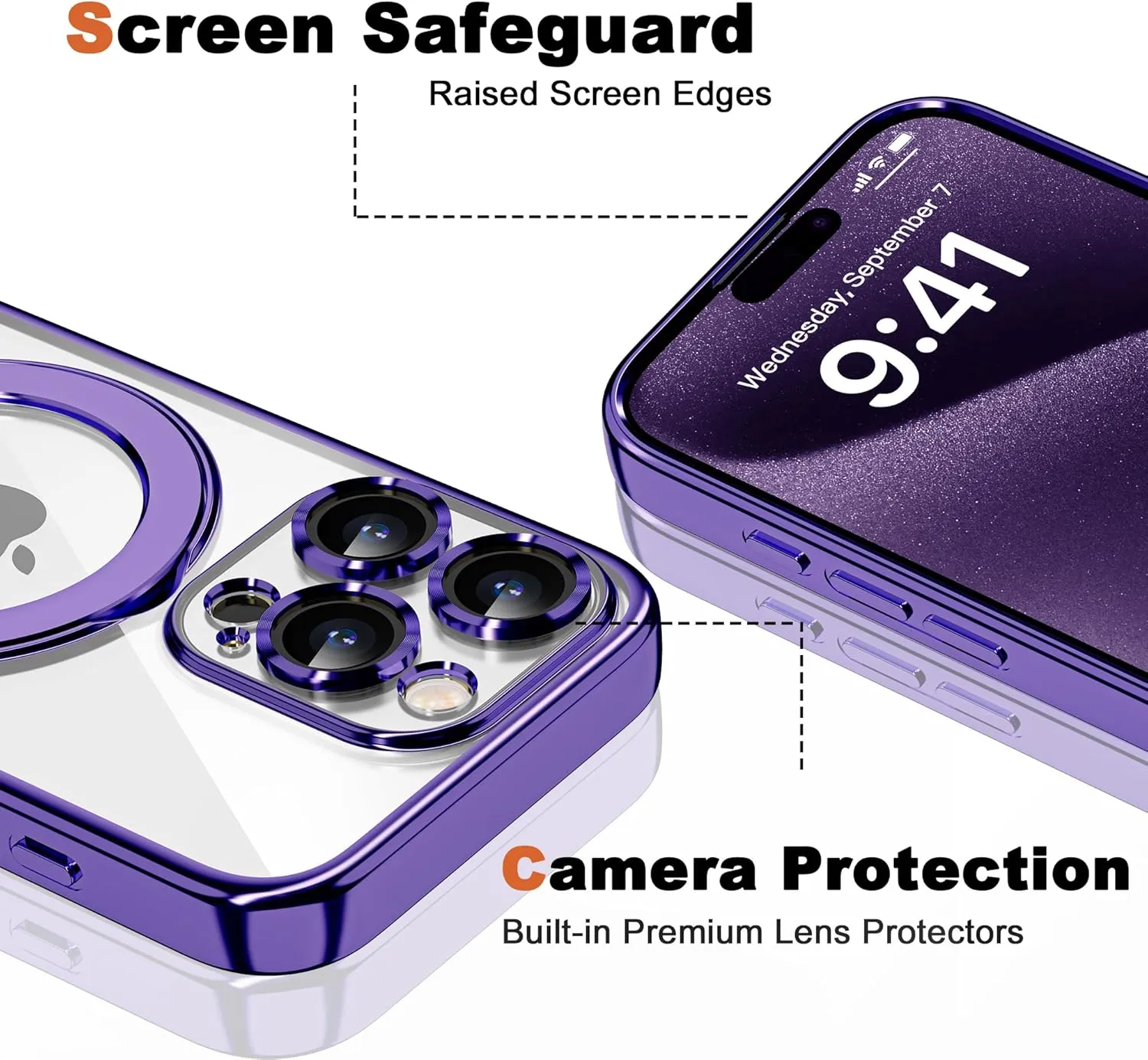 Compatible with iPhone 15 Pro Max Case with Invisible Magnetic Ring Stand [Compatible with Mag-Safe] [Full Camera Lens Protector] Plating Clear Phone Case for iPhone 15 Pro Max 6.7", Purple