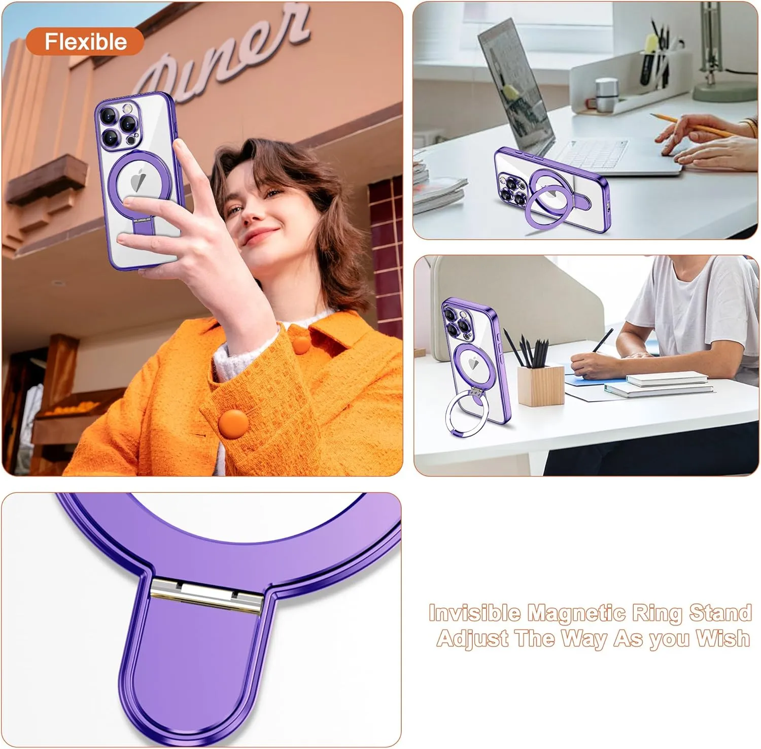 Compatible with iPhone 15 Pro Max Case with Invisible Magnetic Ring Stand [Compatible with Mag-Safe] [Full Camera Lens Protector] Plating Clear Phone Case for iPhone 15 Pro Max 6.7", Purple