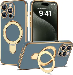 Compatible with iPhone 15 Pro Max Case with Magnetic Ring Stand [Compatible with Mag-Safe] [Full Camera Lens Protector] Soft Plating Phone Case for iPhone 15 Pro Max 6.7", Grey Blue