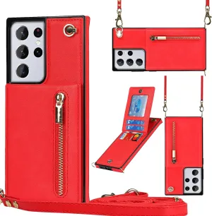 Compatible with Samsung Galaxy S22 Ultra Case 6.8 Inch, Pocket Purse Handbag Shoulder Strap Stylish Protective Cover for Galaxy S22 Ultra (Romantic Red)