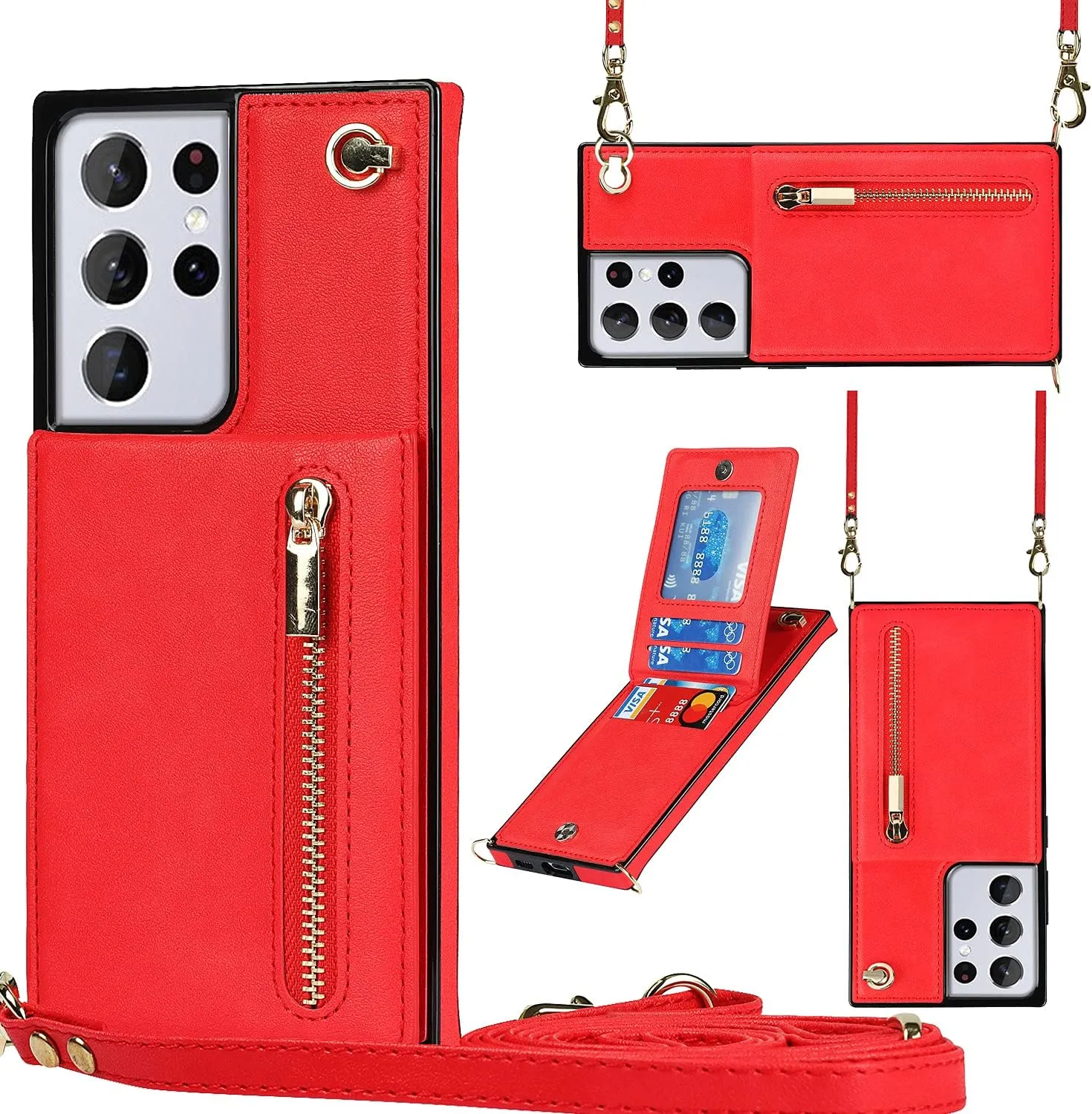Compatible with Samsung Galaxy S22 Ultra Case 6.8 Inch, Pocket Purse Handbag Shoulder Strap Stylish Protective Cover for Galaxy S22 Ultra (Romantic Red)