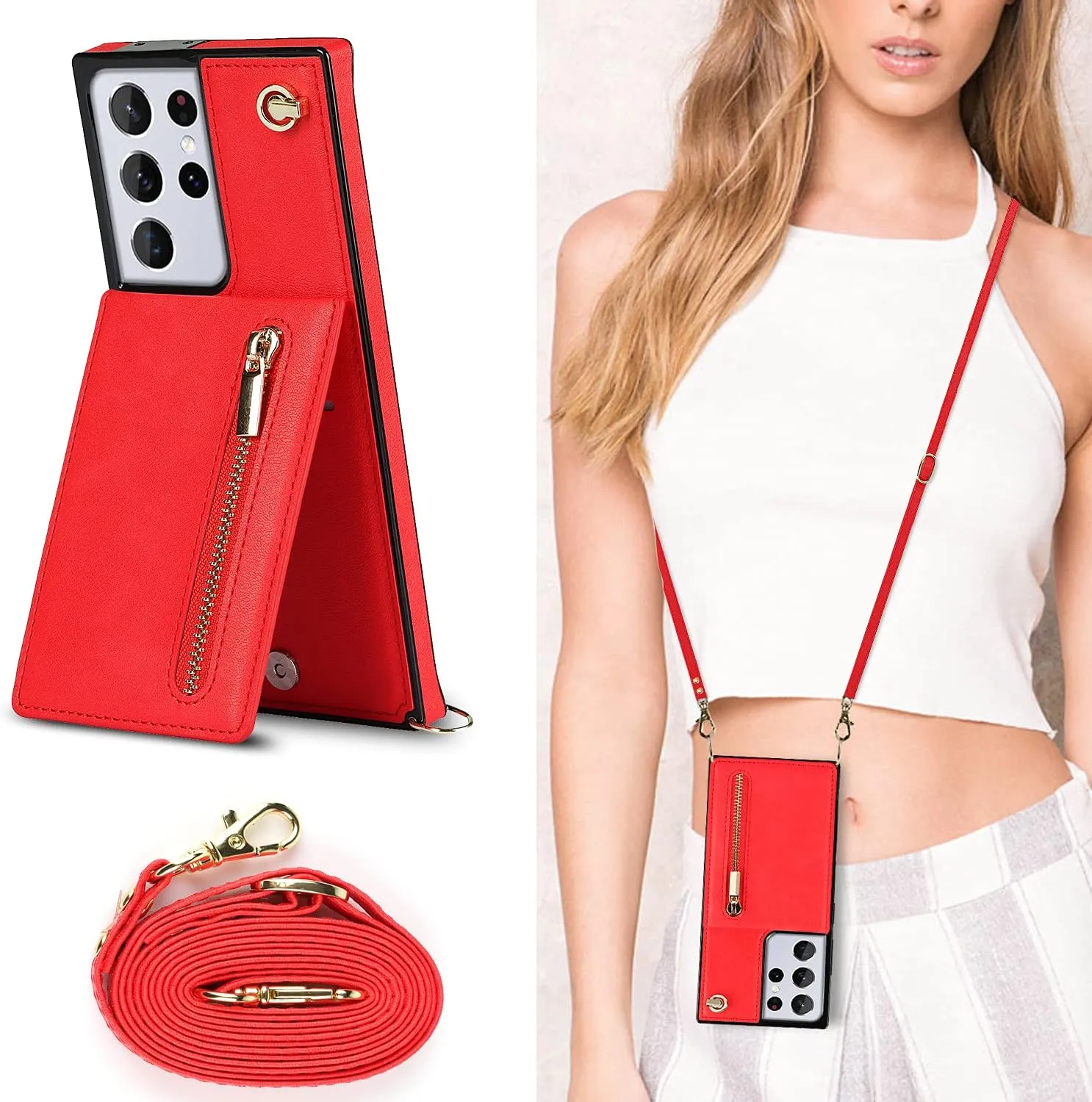 Compatible with Samsung Galaxy S22 Ultra Case 6.8 Inch, Pocket Purse Handbag Shoulder Strap Stylish Protective Cover for Galaxy S22 Ultra (Romantic Red)