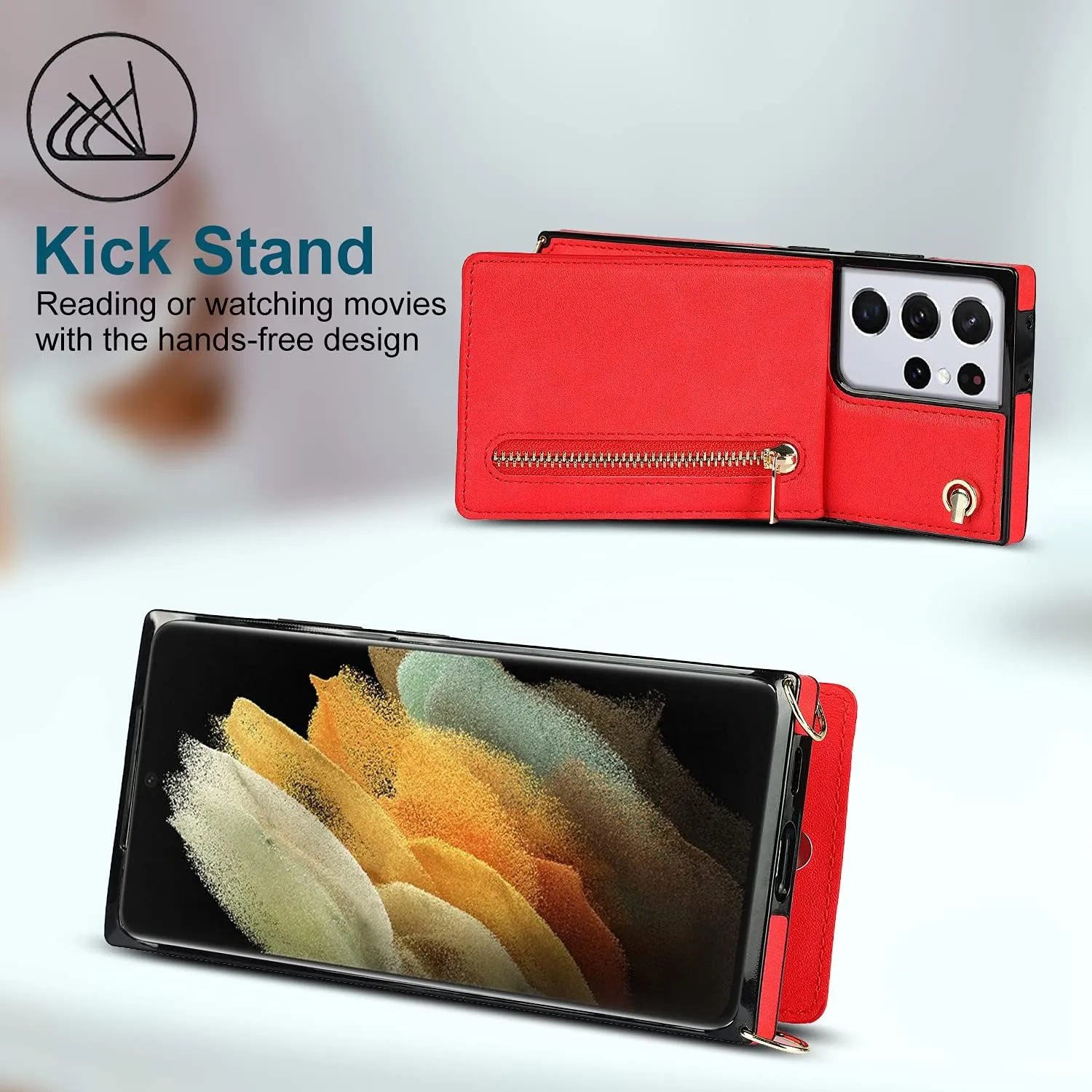 Compatible with Samsung Galaxy S22 Ultra Case 6.8 Inch, Pocket Purse Handbag Shoulder Strap Stylish Protective Cover for Galaxy S22 Ultra (Romantic Red)