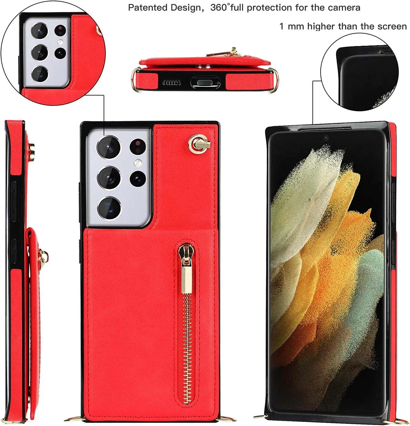 Compatible with Samsung Galaxy S22 Ultra Case 6.8 Inch, Pocket Purse Handbag Shoulder Strap Stylish Protective Cover for Galaxy S22 Ultra (Romantic Red)