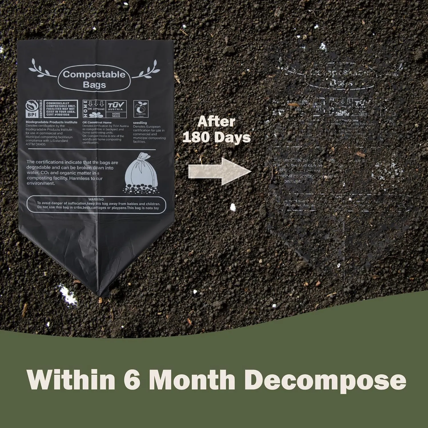 Compostable Portable Toilet Bags, 5 Gallon 20Liter Extra Thick 0.87 Mils Compost Black Garbage Bags for Toilet Chair with US BPI ASTM D6400 and Europe OK Compost Home Certified 45 Counts