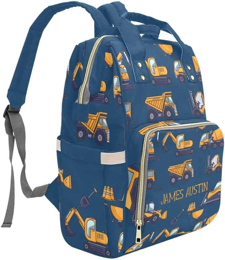 Construction Truck Machinery Personalized Diaper Bag Backpack Tote with Name Diaper Backpack Travel Daypack for Mom Dad Baby Bag Gift