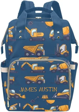 Construction Truck Machinery Personalized Diaper Bag Backpack Tote with Name Diaper Backpack Travel Daypack for Mom Dad Baby Bag Gift