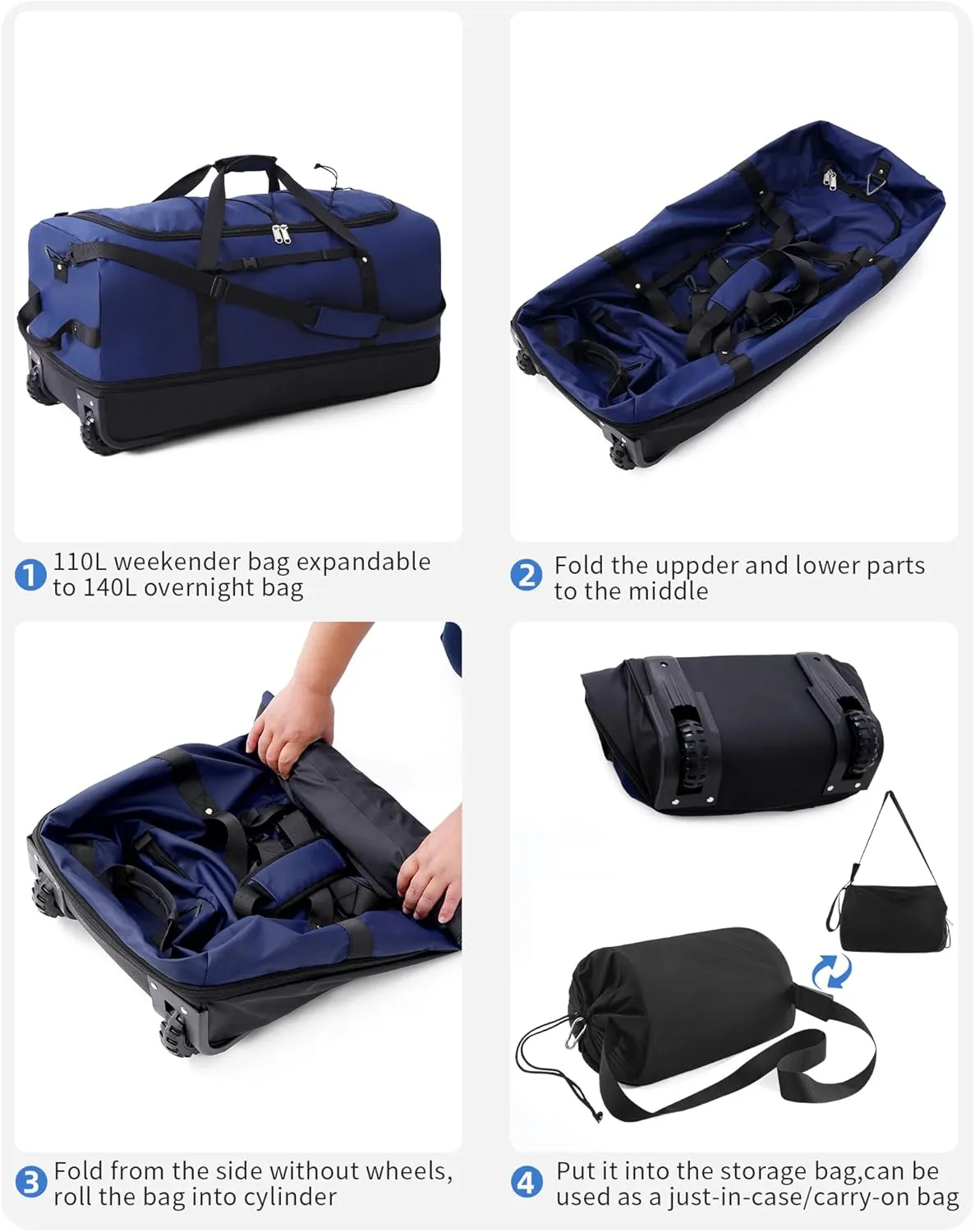 CONTAIL 32” Soft-side 110L Expandable 140L Rolling Duffle Bag with 2 Inline Wheels,Convertible Weekend Travel Bag with Bungee-Cord System,Navy