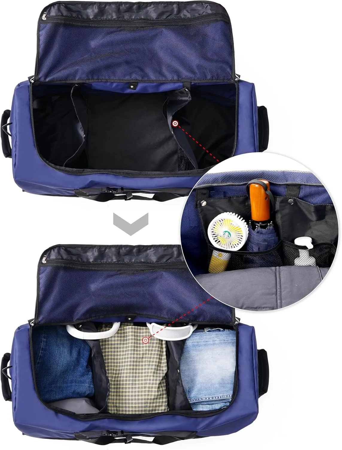 CONTAIL 32” Soft-side 110L Expandable 140L Rolling Duffle Bag with 2 Inline Wheels,Convertible Weekend Travel Bag with Bungee-Cord System,Navy