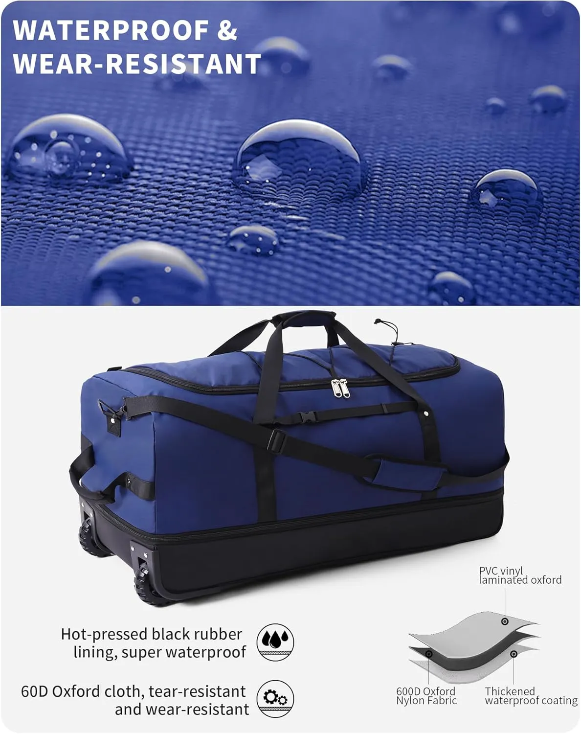 CONTAIL 32” Soft-side 110L Expandable 140L Rolling Duffle Bag with 2 Inline Wheels,Convertible Weekend Travel Bag with Bungee-Cord System,Navy