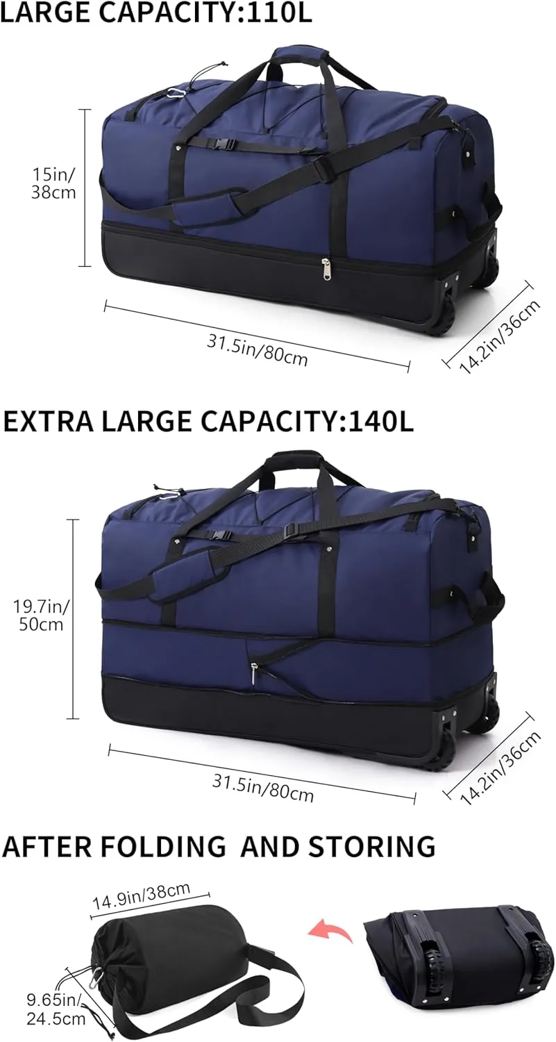 CONTAIL 32” Soft-side 110L Expandable 140L Rolling Duffle Bag with 2 Inline Wheels,Convertible Weekend Travel Bag with Bungee-Cord System,Navy