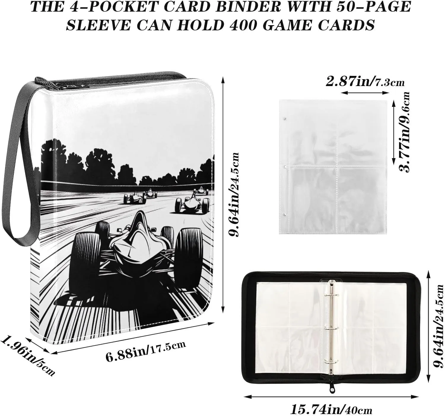 Cool Racing Car Black Trading Card Binder, 4 Pocket Card Binder Fits 400 Cards for Baseball Card, Football Card